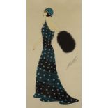 After Erté, gouache, Woman in a green dress, bears signature, 38 x 20cm