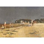 Rodney Joseph Burn (1899–1984), oil on board, Figures on a beach, monogrammed, 42cm x 29cm
