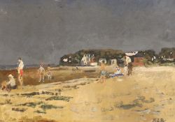 Rodney Joseph Burn (1899–1984), oil on board, Figures on a beach, monogrammed, 42cm x 29cm