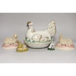 A Victorian earthenware chicken tureen, and four small ceramic animal models, tureen 18cm high