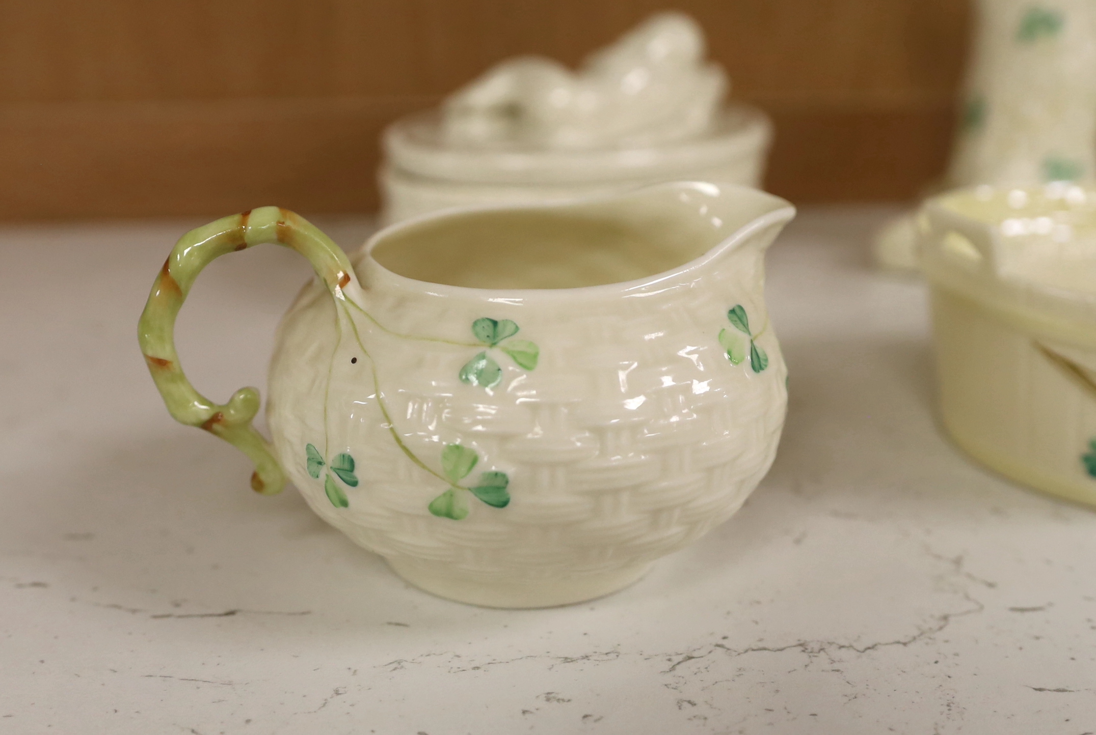 A quantity of Belleek ‘Clover’ pattern ceramics and a Belleek box and cover, tallest 18.5cm - Image 2 of 6