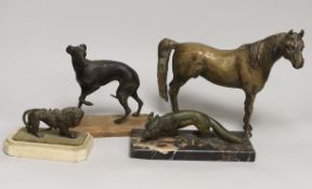 Three bronze animal models, horse 21cm, and a bronze-finished hound