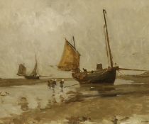 E. Trigoulet. French Impressionist oil on canvas, Coastal scene with moored boats, signed, 53 x