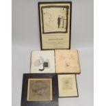 An early 20th century sketch album, etching monogrammed EBF, and two cartoon pen and ink drawings