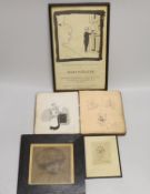 An early 20th century sketch album, etching monogrammed EBF, and two cartoon pen and ink drawings