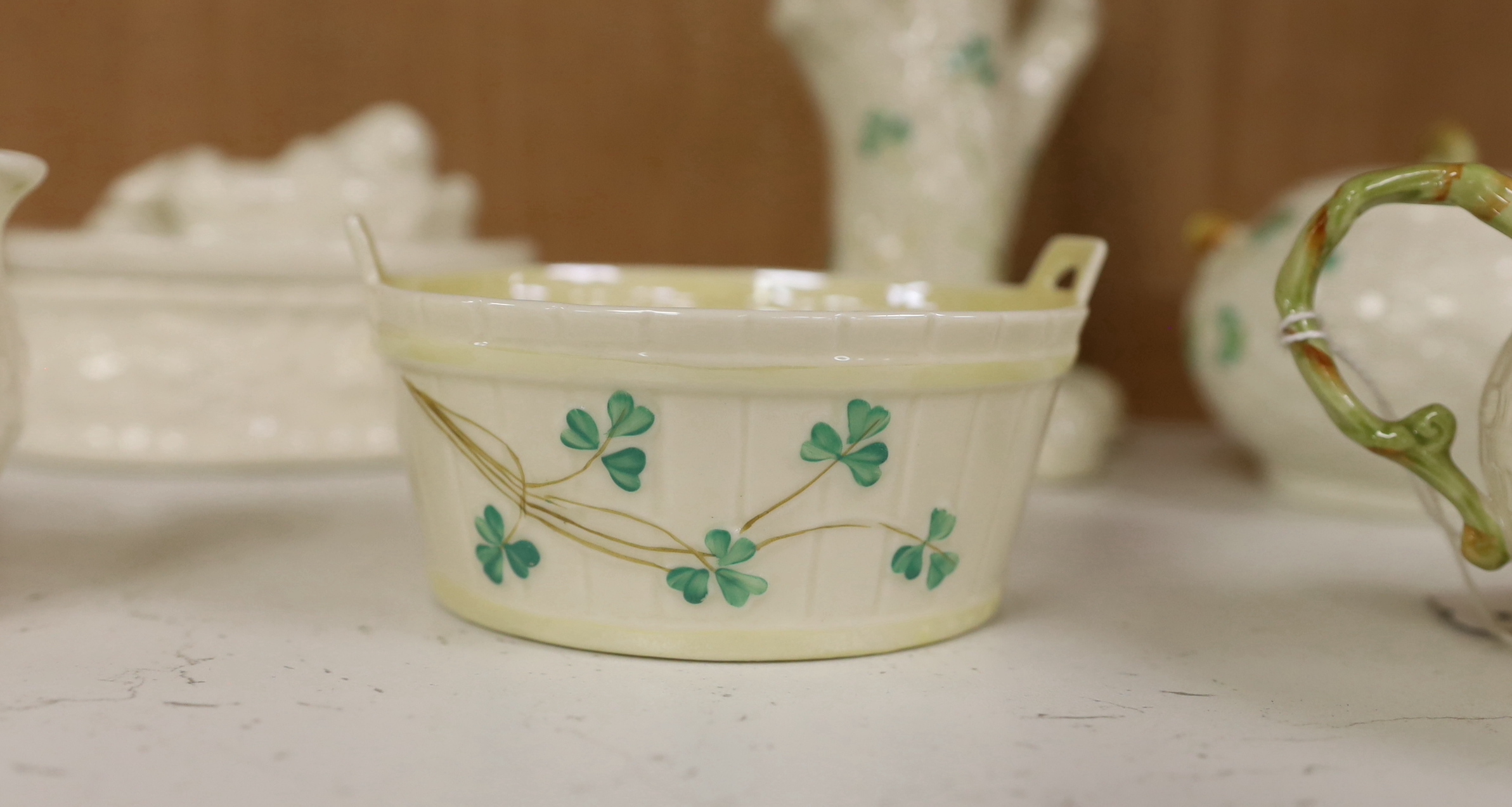 A quantity of Belleek ‘Clover’ pattern ceramics and a Belleek box and cover, tallest 18.5cm - Image 3 of 6
