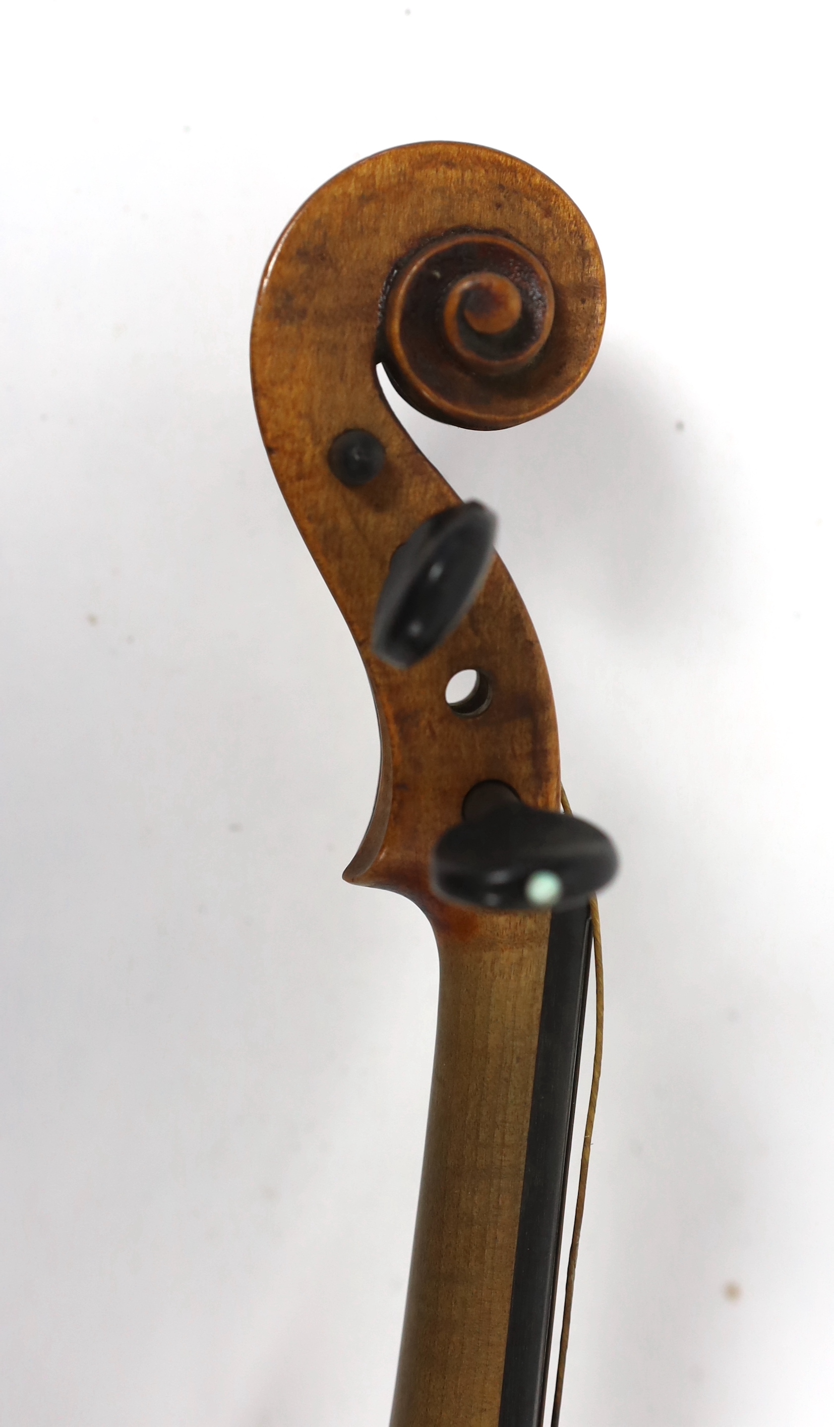 A violin, 2nd half 19th century, with medium colour to the two-piece back sides and neck, remnants - Image 5 of 7