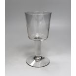 An English lead crystal mammoth goblet, c.1740-50, rounded but quite square funnel bowl, tool marked