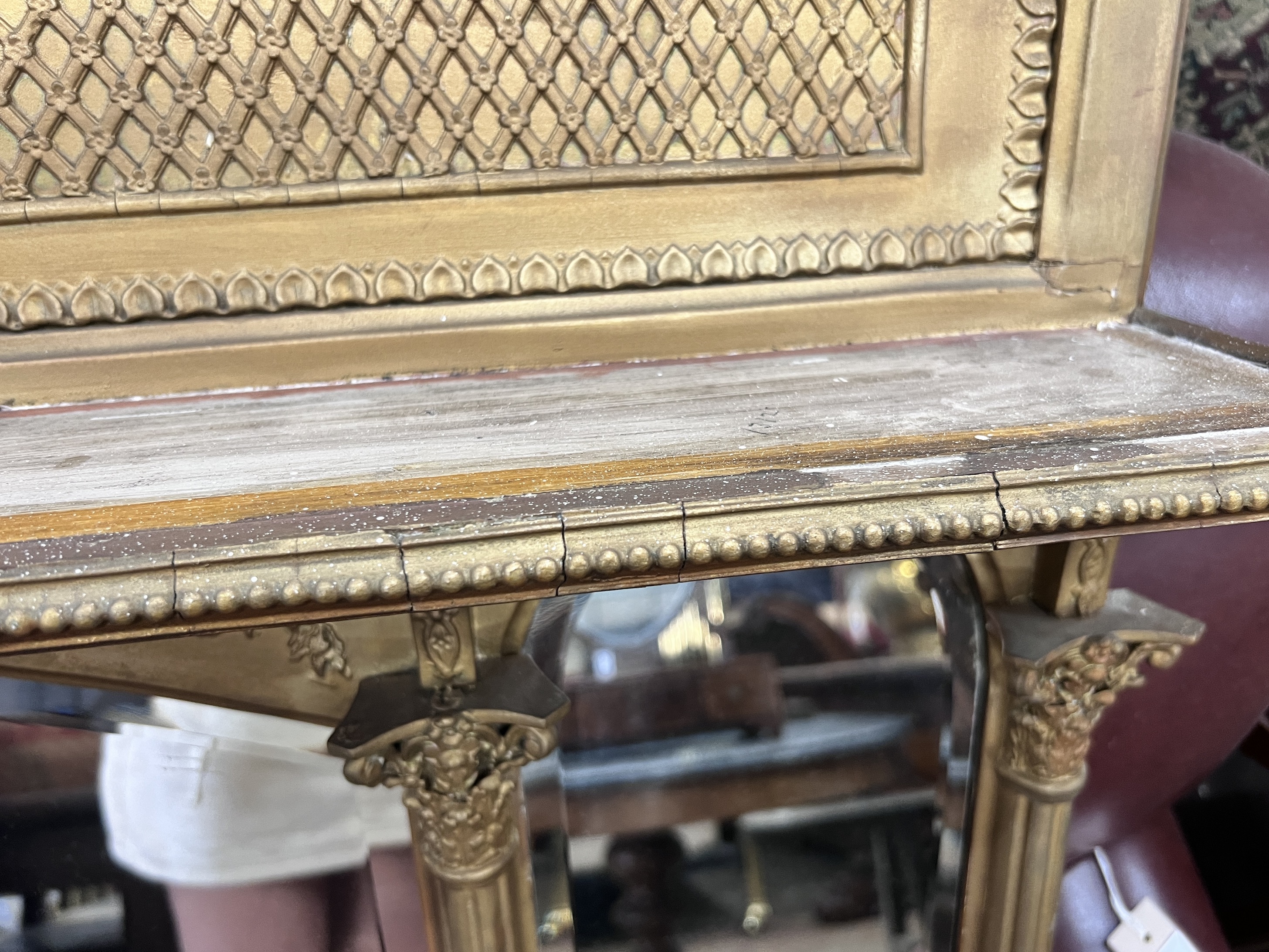 A late Victorian giltwood and composition triple plate overmantel mirror, width 144cm, height 85cm - Image 4 of 5