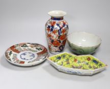 A Japanese Imari vase, a dish and green glazed bowl, together with a Chinese hors d'oeuvres dish-