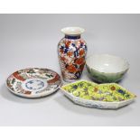 A Japanese Imari vase, a dish and green glazed bowl, together with a Chinese hors d'oeuvres dish-