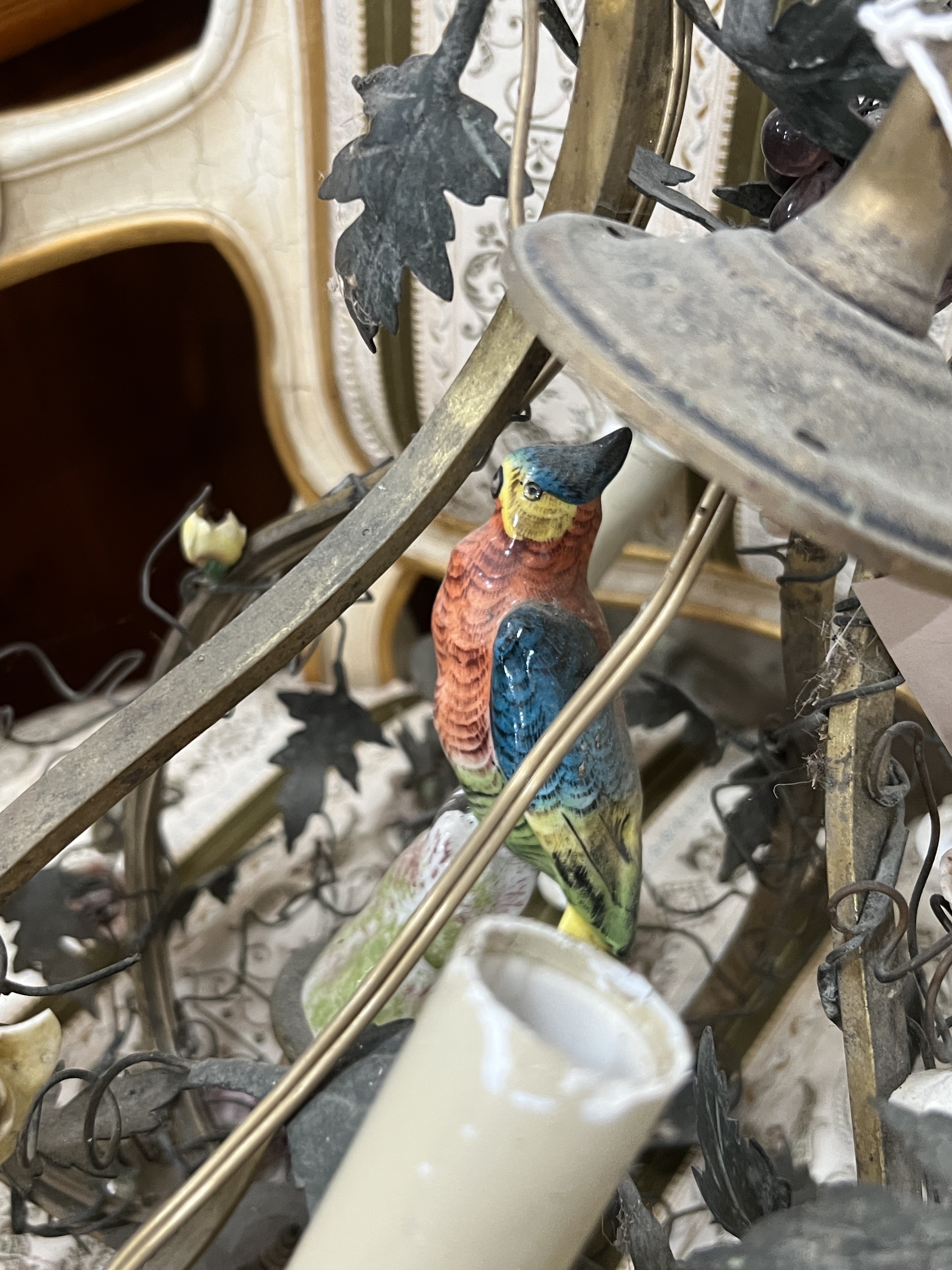 A porcelain and gilt metal budgerigar ceiling light, height 46cm - Image 3 of 4