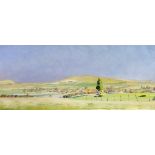 Julian Bell '91 (b.1952) mixed media, possibly gouache, Panoramic rural landscape, signed, 39 x