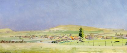 Julian Bell '91 (b.1952) mixed media, possibly gouache, Panoramic rural landscape, signed, 39 x