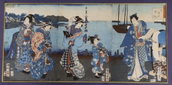 Toyohara Kunichika (1835 –1900) Japanese woodblock print, Females wearing kimonos, with character