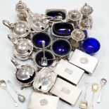 A George V six piece silver condiment set by Mappin & Webb, assorted other condiments including