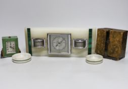 An Art Deco white onyx and malachite desk-top barometer, pair of matching dishes, together with a