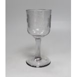 An English lead crystal goblet, c1740-50, ogee bowl with tool marks, engraved fruiting vines and a