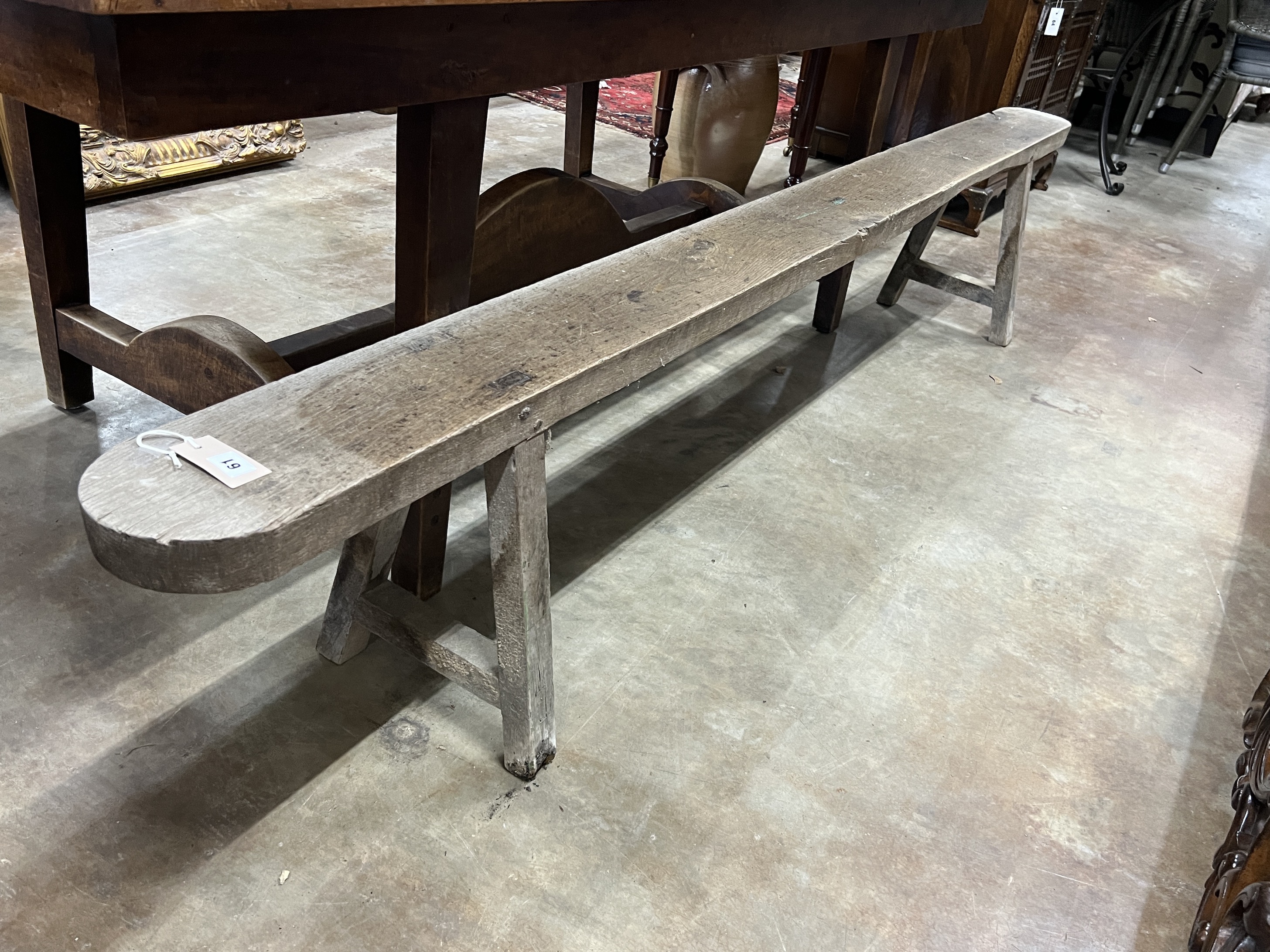 A 19th century French oak bench seat, length 251cm, depth 17cm, height 45cm - Image 2 of 3