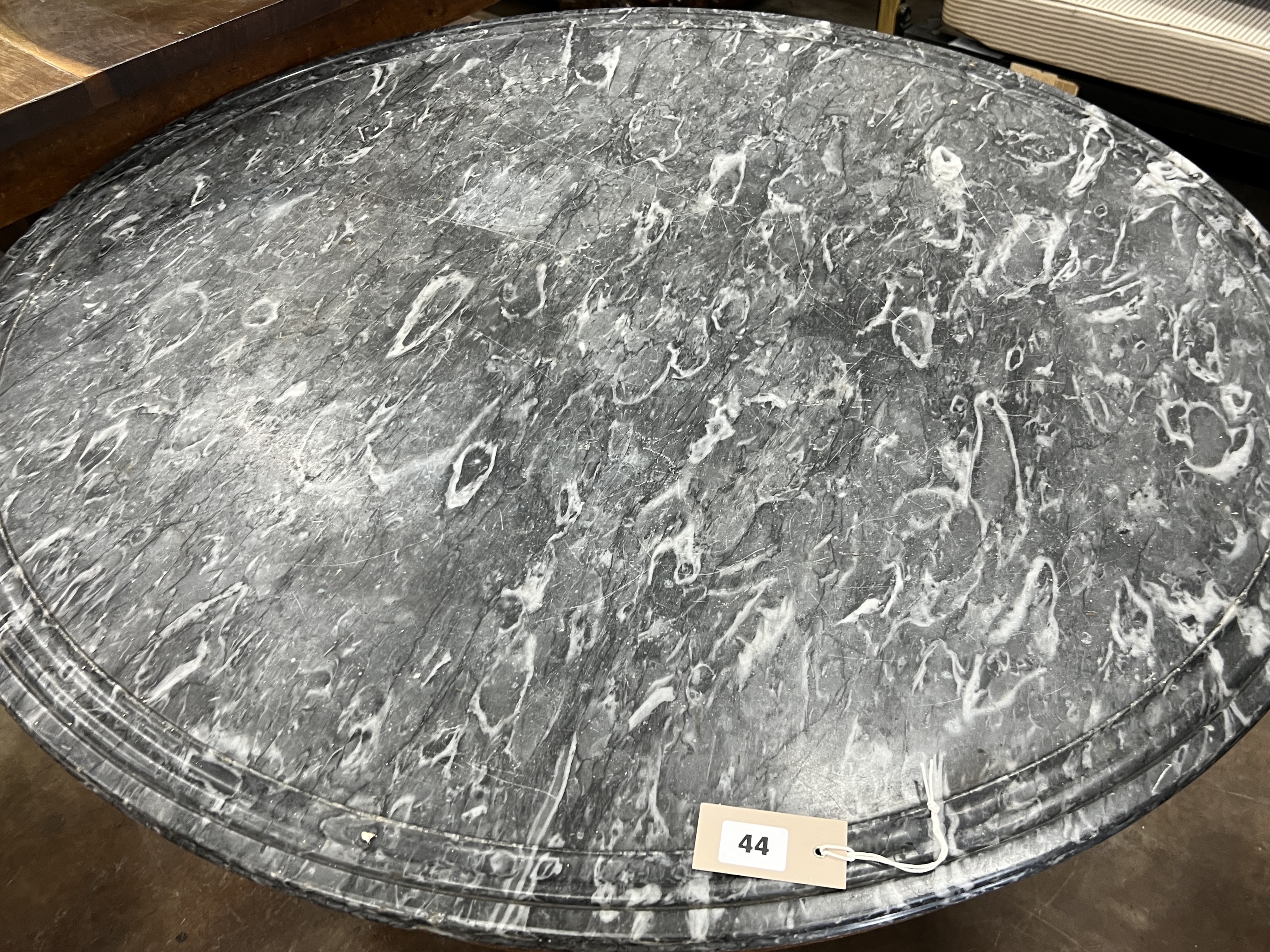 A late 19th century French circular oak marble top centre table, diameter 100cm, height 67cm - Image 2 of 3