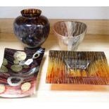 A faux tortoiseshell glass vase, an art glass vase and two Art glass dishes, the largest 41cm wide