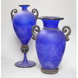 Two glass twin handled Roman style urns including a pedestal example, one signed Gambaro & Poggi,