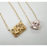 A modern 9ct gold and morganite? set heart shaped pendant necklace, 52cm and a 9ct gold Italian '