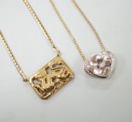 A modern 9ct gold and morganite? set heart shaped pendant necklace, 52cm and a 9ct gold Italian '