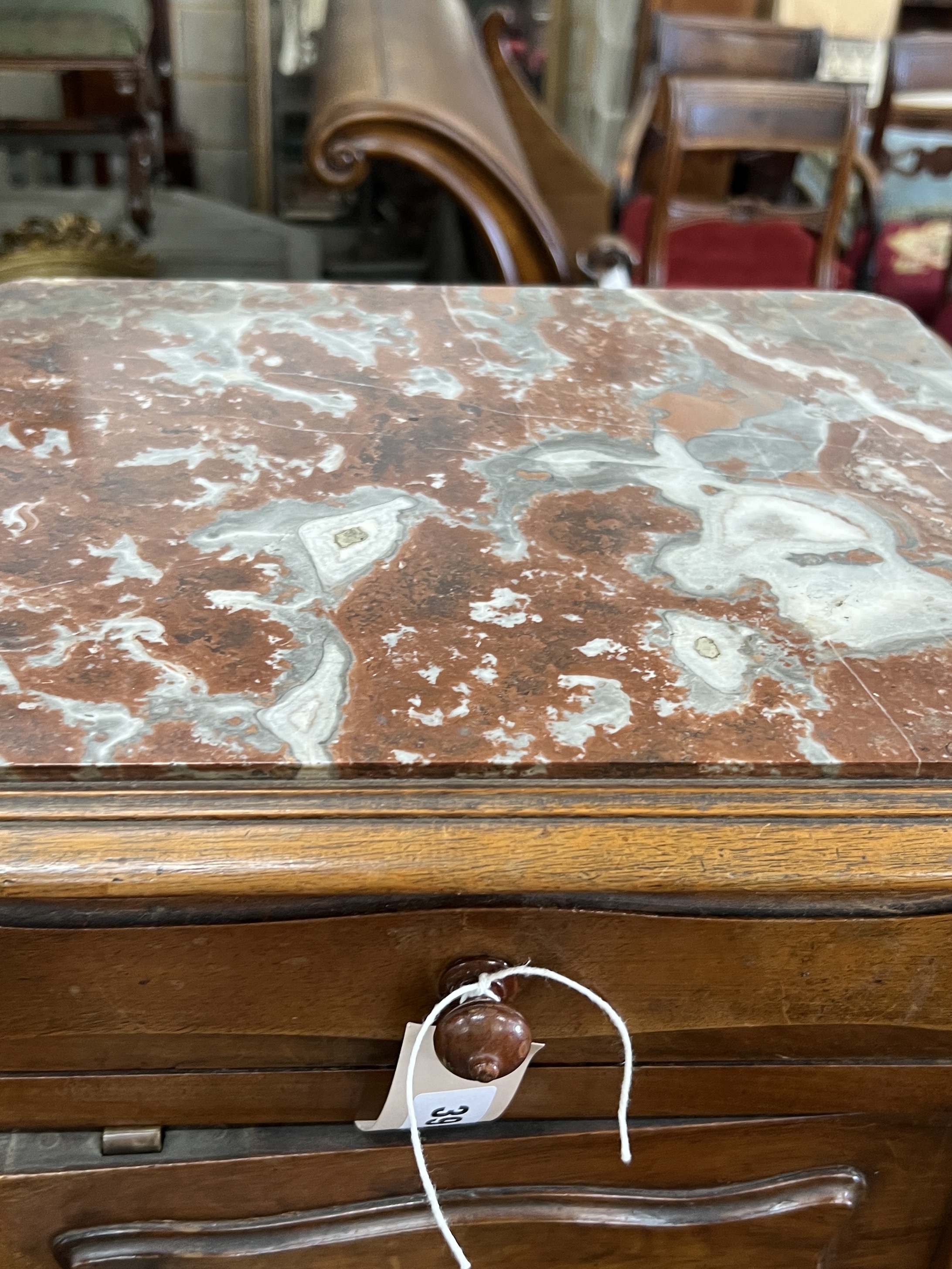 A late 19th century French marble top walnut bedside cabinet, width 40cm, depth 34cm, height 84cm - Image 3 of 3