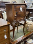 A late 19th century French marble top walnut bedside cabinet, width 40cm, depth 34cm, height 84cm