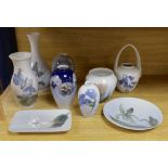 Six Royal Copenhagen vases and two plates including one B&G vase, all with floral decoration (9),