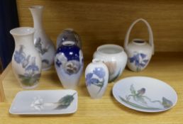 Six Royal Copenhagen vases and two plates including one B&G vase, all with floral decoration (9),