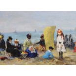 After Eugene Boudin (French 1824 -1898) impressionist oil on canvas, Figures on a beach, 28 x 20cm