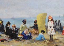 After Eugene Boudin (French 1824 -1898) impressionist oil on canvas, Figures on a beach, 28 x 20cm