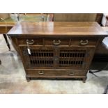 A Chinese brass mounted hardwood side cabinet, width 100cm, depth 35cm, height 82cm