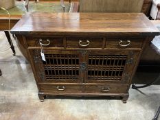 A Chinese brass mounted hardwood side cabinet, width 100cm, depth 35cm, height 82cm