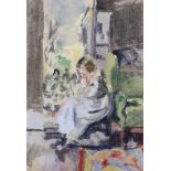 English School, watercolour, seated lady, label verso, 26cm x 18cm