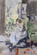 English School, watercolour, seated lady, label verso, 26cm x 18cm