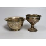 Two Irish silver bowls including pedestal with engraved inscription, marks rubbed, largest