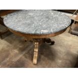 A late 19th century French circular oak marble top centre table, diameter 100cm, height 67cm