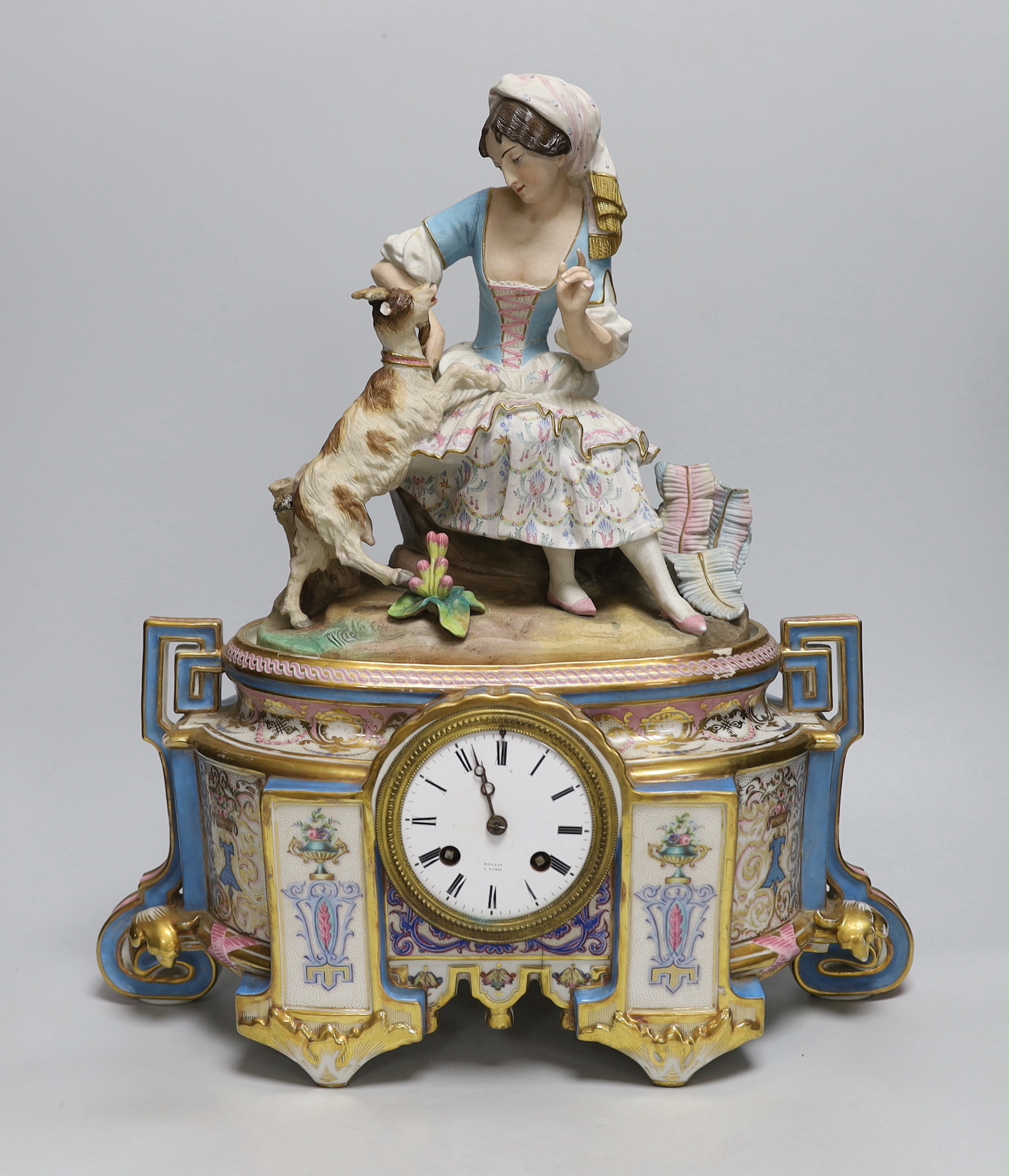 A mid-19th French century porcelain figural mantel clock, the enamel dial inscribed Rollin Paris,