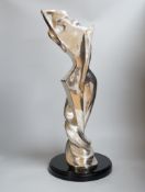 A plated abstract figural sculpture on stand, signed Geris, 45/500,59cm