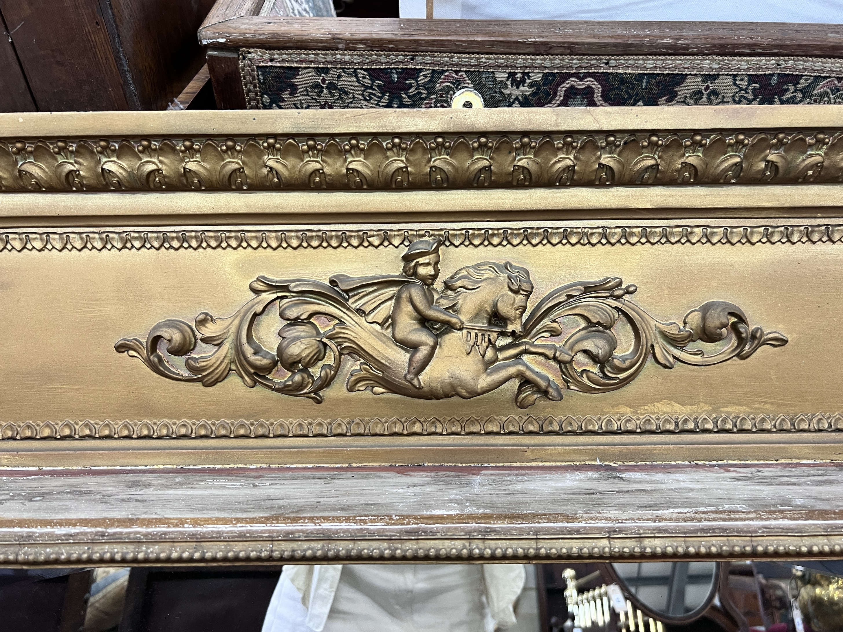 A late Victorian giltwood and composition triple plate overmantel mirror, width 144cm, height 85cm - Image 3 of 5