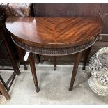 A Chippendale revival mahogany demi lune folding card table, width 92cm, depth 46cm, height 77cm