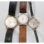 A lady's 9ct manual wind wrist watch, with Arabic dial and subsidiary seconds, a gentleman's