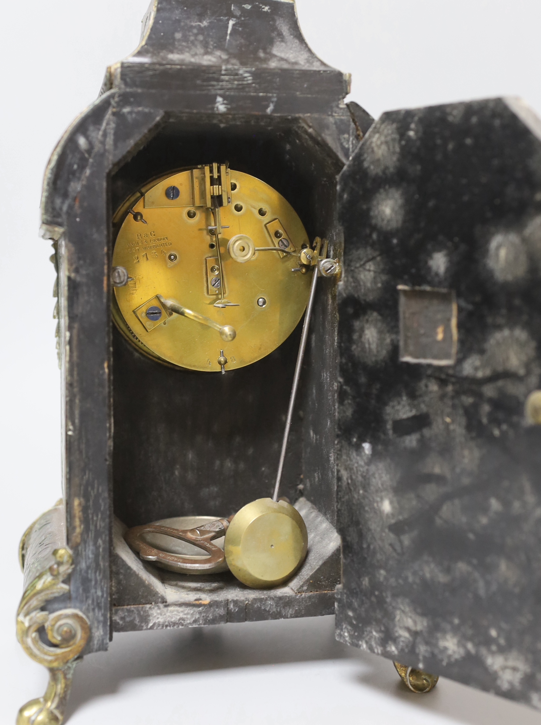 A late 19th century French brass boullework mantel clock, with key and pendulum, 30cm high - Image 3 of 3