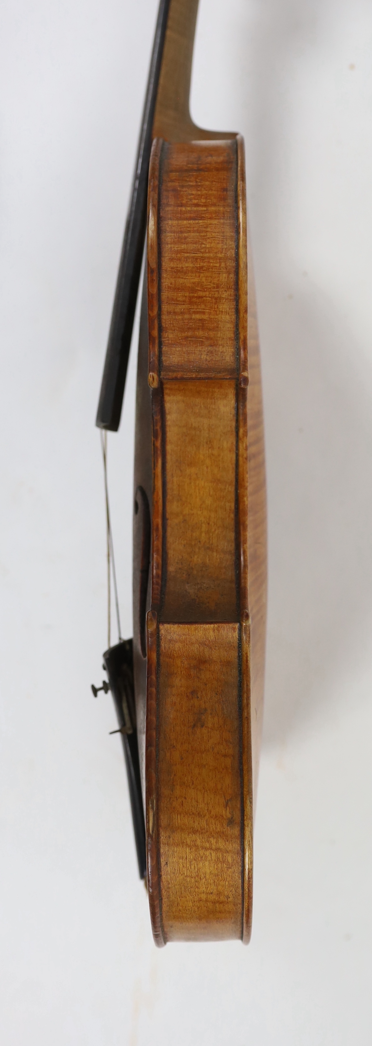 A violin, 2nd half 19th century, with medium colour to the two-piece back sides and neck, remnants - Image 2 of 7