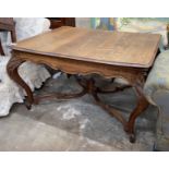 An early 20th century French rectangular oak centre/dining table with shaped 'X' stretcher, length