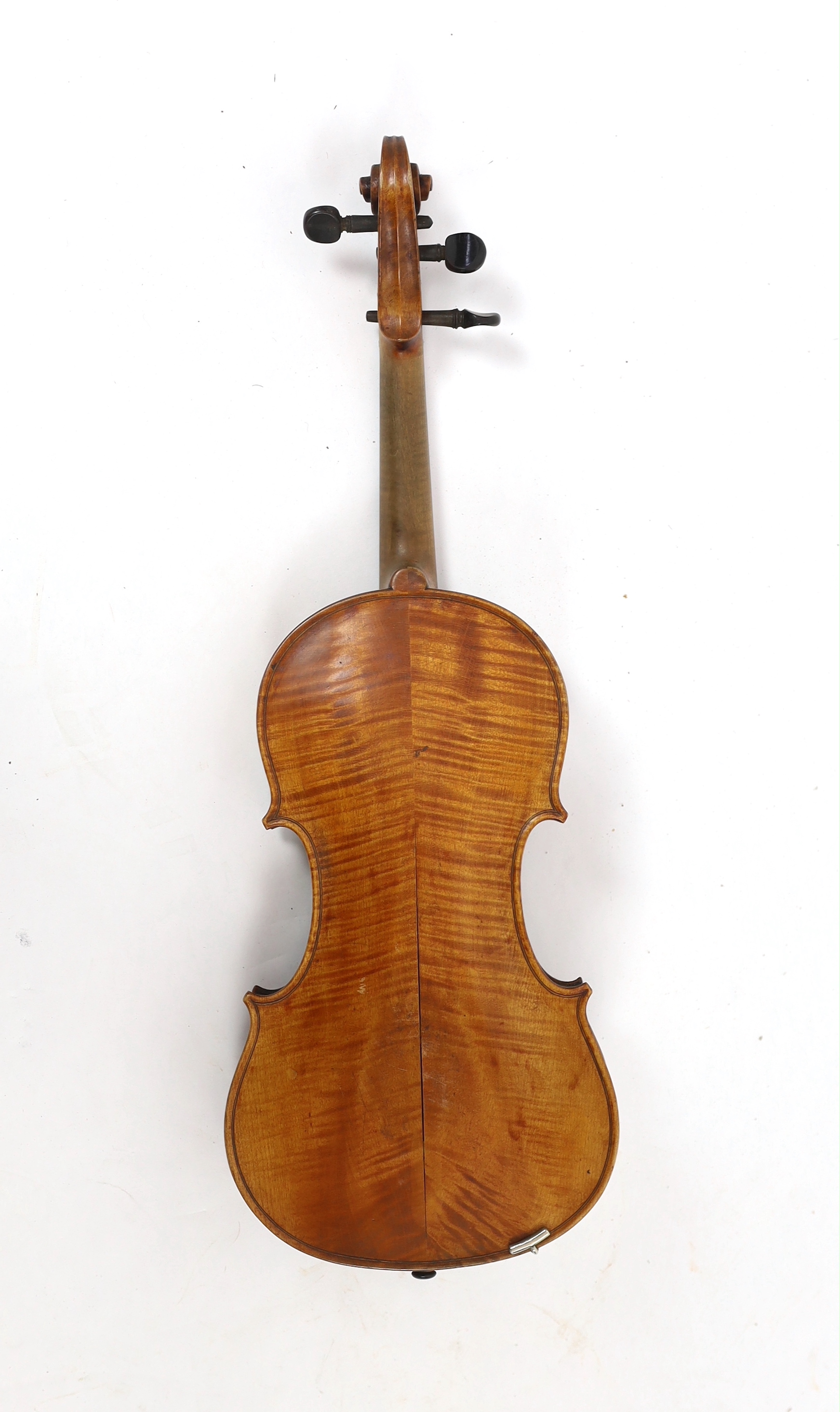 A violin, 2nd half 19th century, with medium colour to the two-piece back sides and neck, remnants - Image 6 of 7