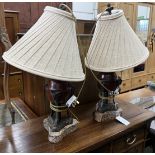 A pair of bronze effect table lamps, on faux marble bases, height including shades 60cm